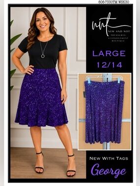 NWT George Purple Abstract Print Pull-On Knit Skirt Women’s Large 12/14 Stretch